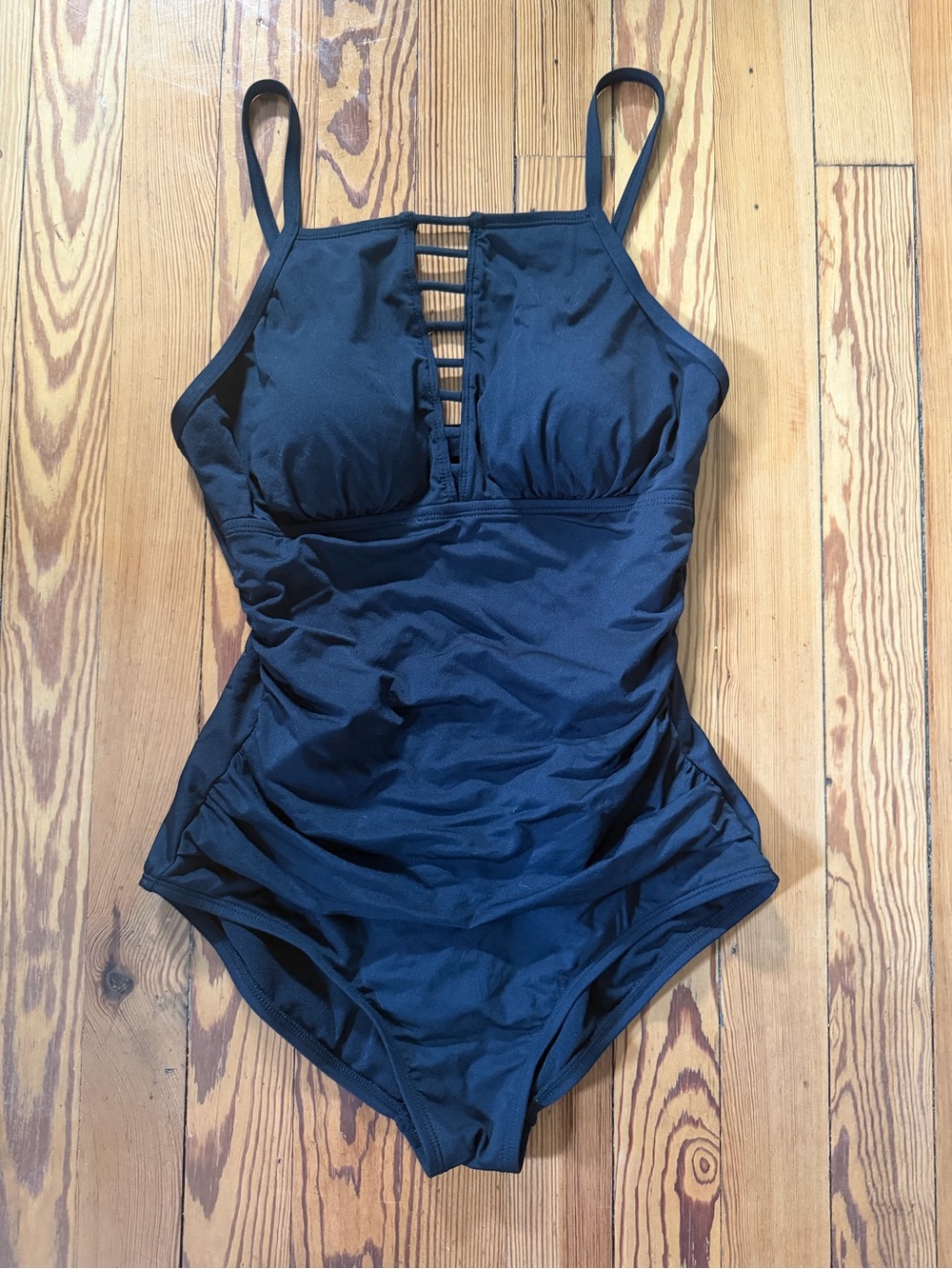 Jantzen Black One Piece Swimsuit Small Ruched Tummy Control Ladder Neck